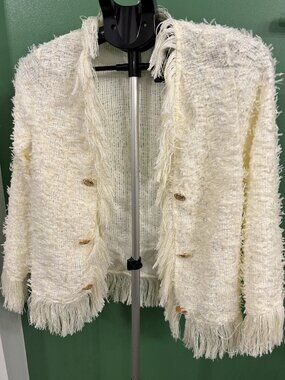 Women's Fringe Beige Cardigan w/gold button accents. Size S NEW